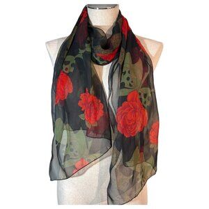 Floral Black & Red Sheer Scarf Rose Print Wrap 19x67 Silk Feel Rectangle Korea